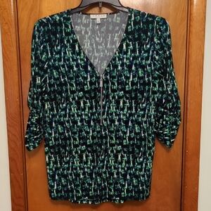 CHAUS Teal, Navy & Black V-Neck Zip Front Blouse With 3/4 Sleves -Size L
